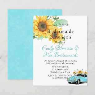 Sunflower Aqua Vintage Car Bridesmaids Luncheon Invitation