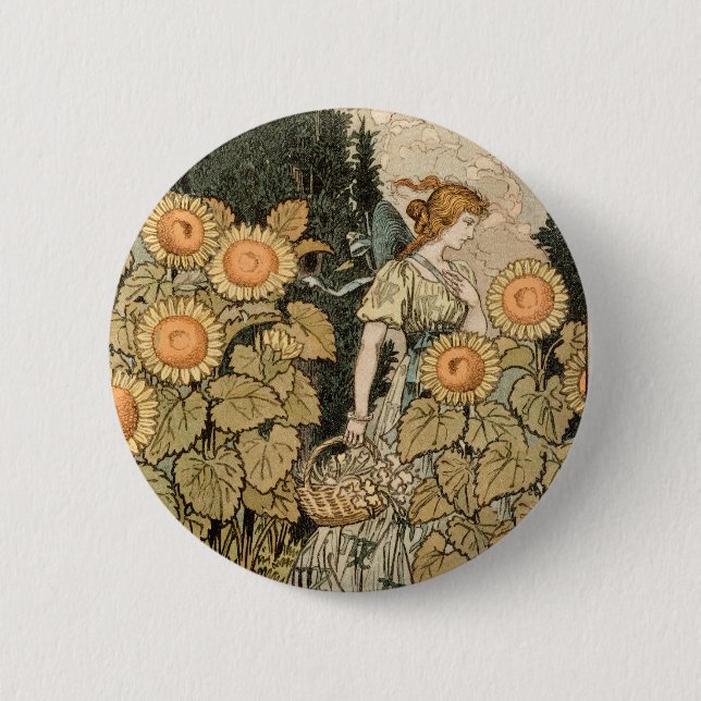 Sunflower Art Nouveau Garden Grasset Woman 2 Inch Round Button (Front)