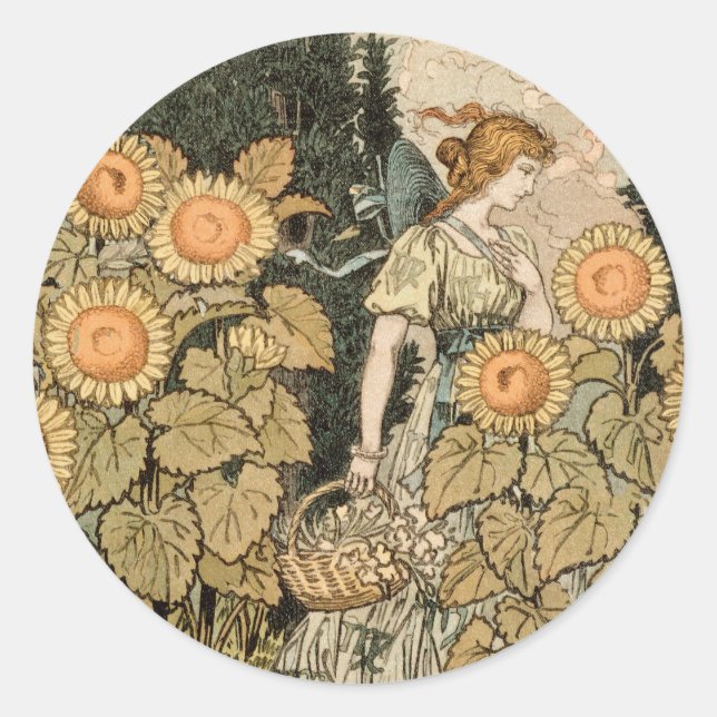 Sunflower Art Nouveau Garden Grasset Woman Classic Round Sticker (Front)