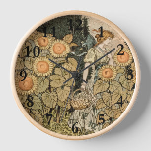 Sunflower Art Nouveau Garden Grasset Woman Clock