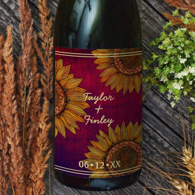 Sunflower Art Rustic Burgundy Personalized Wedding Wine Label (Creator Uploaded)