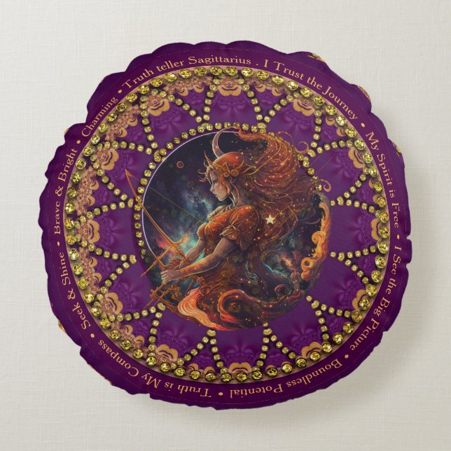 Sunflower Astro Sagittarius Zodiac Affirmations Round Pillow (Front)
