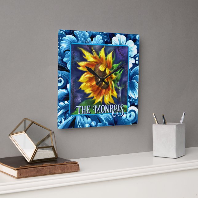 Sunflower at Night Flower Floral Personalized Square Wall Clock (Office)