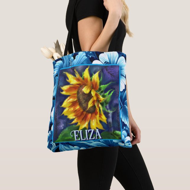 Sunflower at Night Flower Floral Personalized Tote Bag (Close Up)