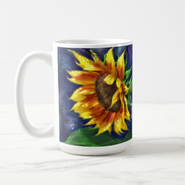 Sunflower at Night Yellow Blue Flower Floral  Coffee Mug (Left)