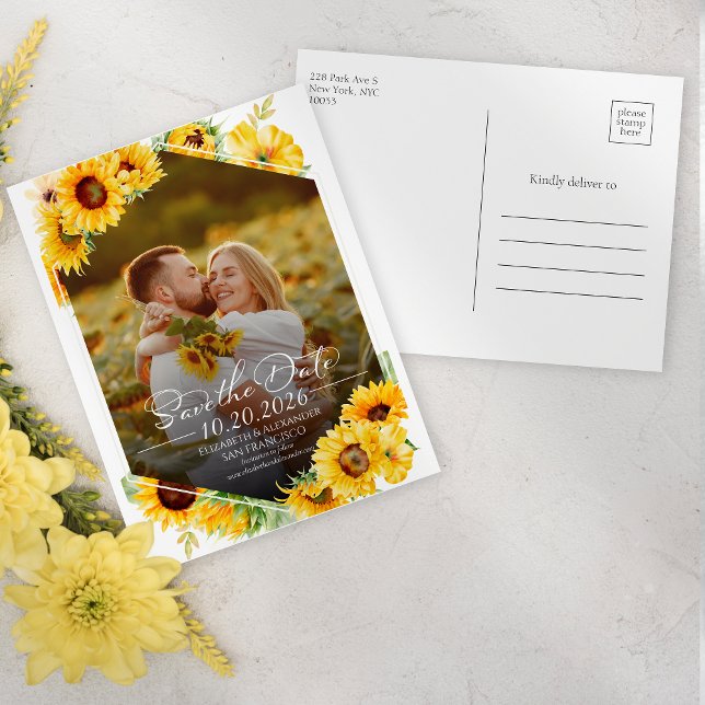 Sunflower Autumn Fall Photo Wedding Save the Date Postcard (Creator Uploaded)