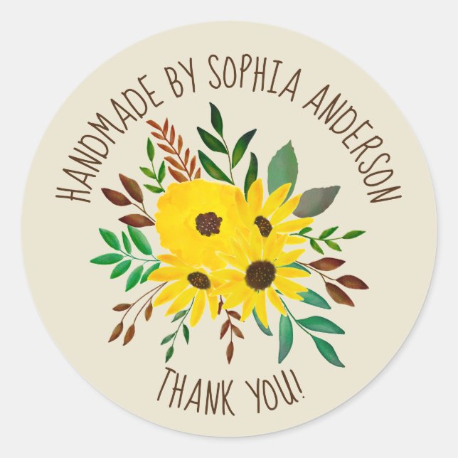 Sunflower Autumn Floral Bouquet - Thank you!  Classic Round Sticker (Front)