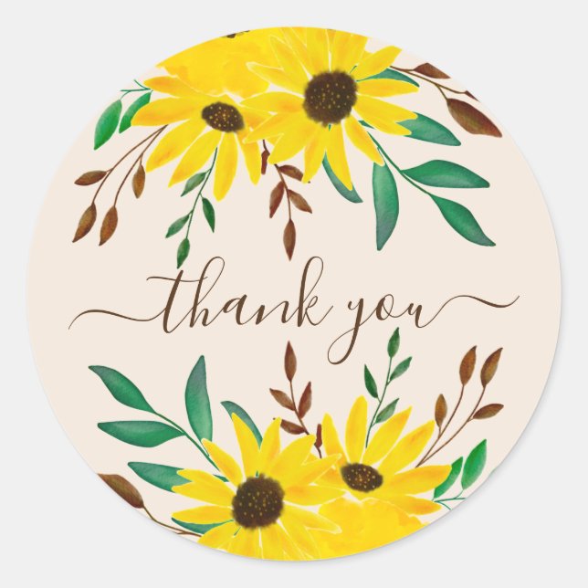 Sunflower Autumn Floral Bouquet - Thank you!  Classic Round Sticker (Front)