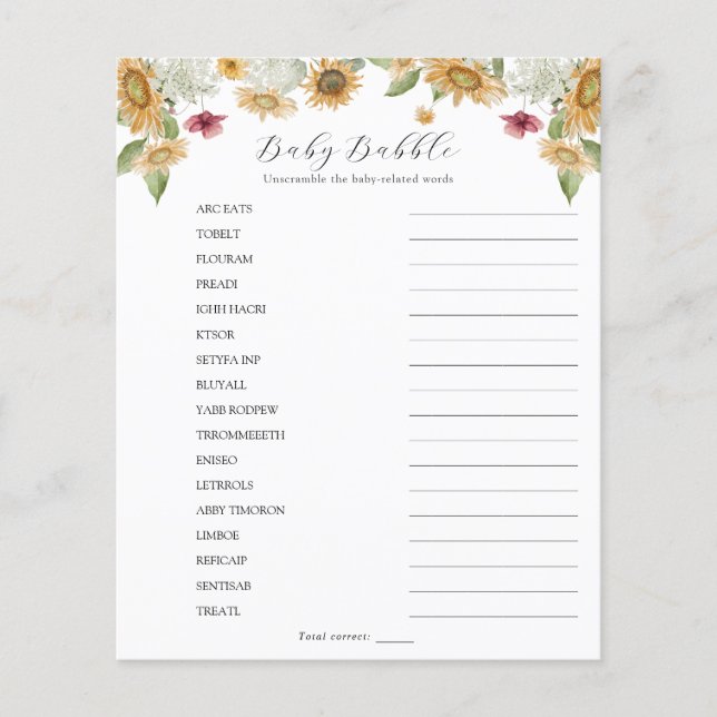 Sunflower Baby Babble Word Scramble (Front)