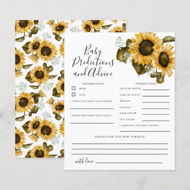 Sunflower Baby Predictions & Advice Card (Front/Back)