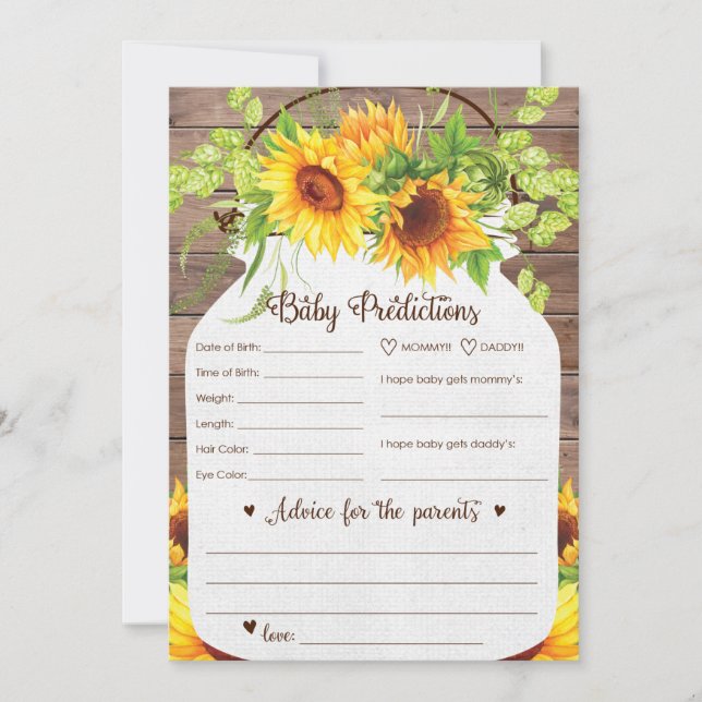 Sunflower Baby Predictions et carte de conseil (Devant)