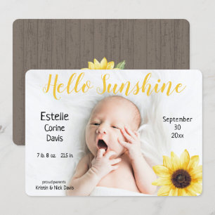 Sunflower Baby Rustic Photo Faire-part de naissanc