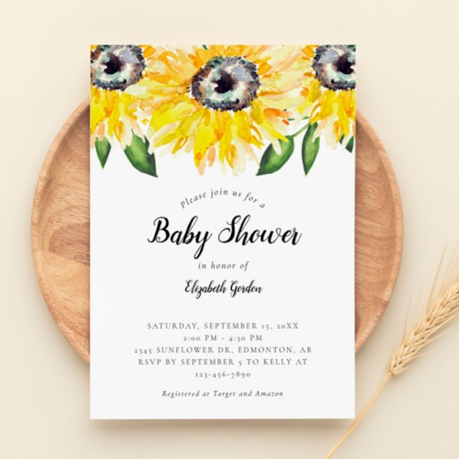 Sunflower Baby Shower Elegant Script Watercolor Invitation (Creator Uploaded)