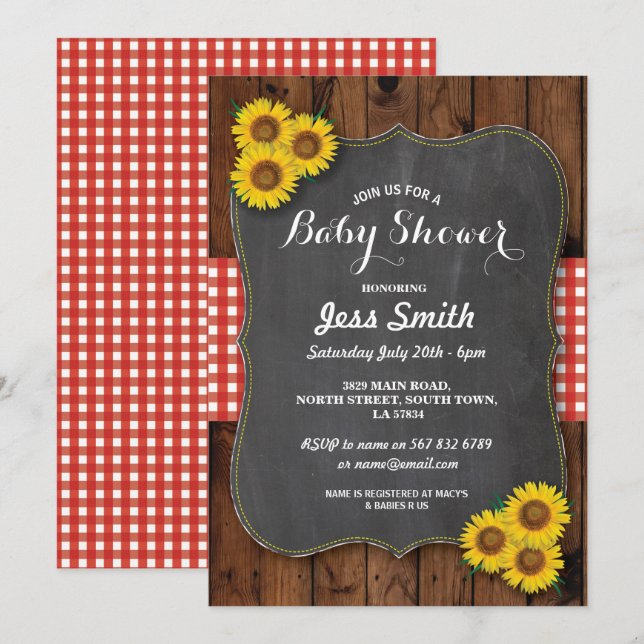 Sunflower Baby Shower Invite Rustic Chalk & Wood (Front/Back)