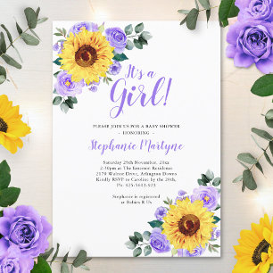 Sunflower Baby Shower Its A Girl Purple Invitation