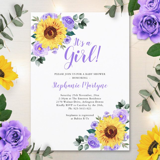 Sunflower Baby Shower Its A Girl Purple Invitation (Creator Uploaded)