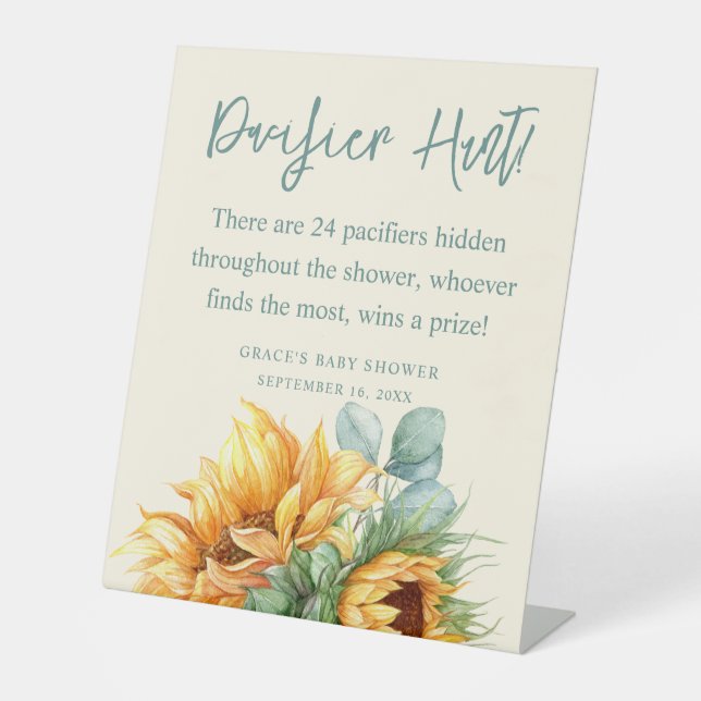 Sunflower Baby Shower Pacifier Hunt Game Pedestal Sign (Front)