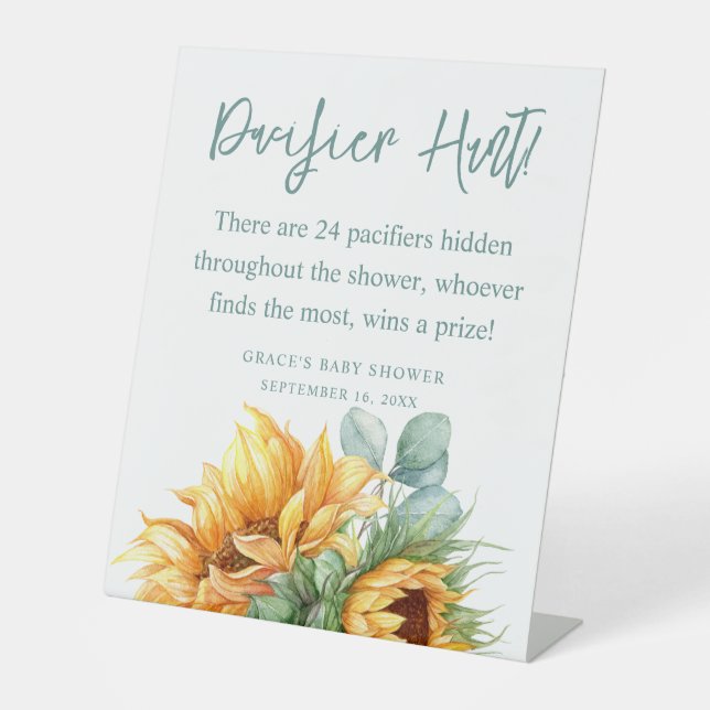 Sunflower Baby Shower Pacifier Hunt Game Pedestal Sign (Front)