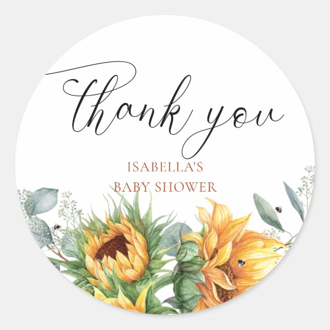 Sunflower Baby Shower Thank You Classic Round Sticker (Front)