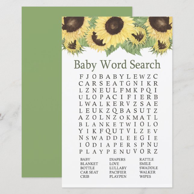 Sunflower Baby Shower Word Search Game (Front/Back)