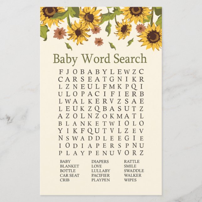 Sunflower Baby Shower Word Search Game (Front)