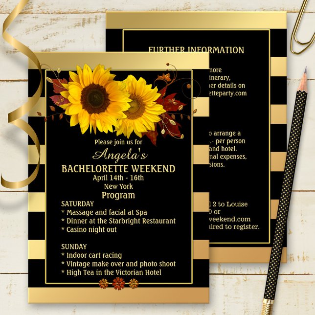 Sunflower Bachelorette Weekend Program Invitation (Bachelorette weekend getaway invitation program template with sunflowers)