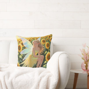 Sunflower Background with a Fairy  Throw Pillow