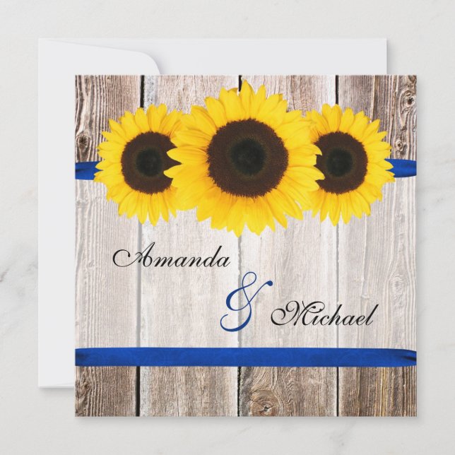Sunflower Barn Wood Blue Ribbon Wedding Invitation (Front)