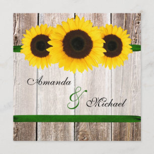 Sunflower Barn Wood Green Ribbon Wedding Invitation