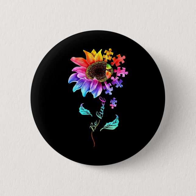 Sunflower Be Kind Puzzle Piece Autism Awareness Mo 2 Inch Round Button (Front)