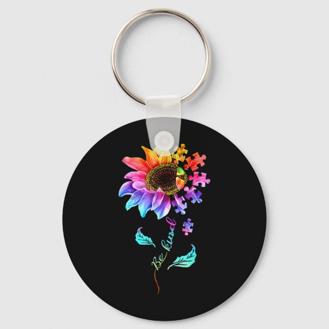 Sunflower Be Kind Puzzle Piece Autism Awareness Mo Keychain (Front)