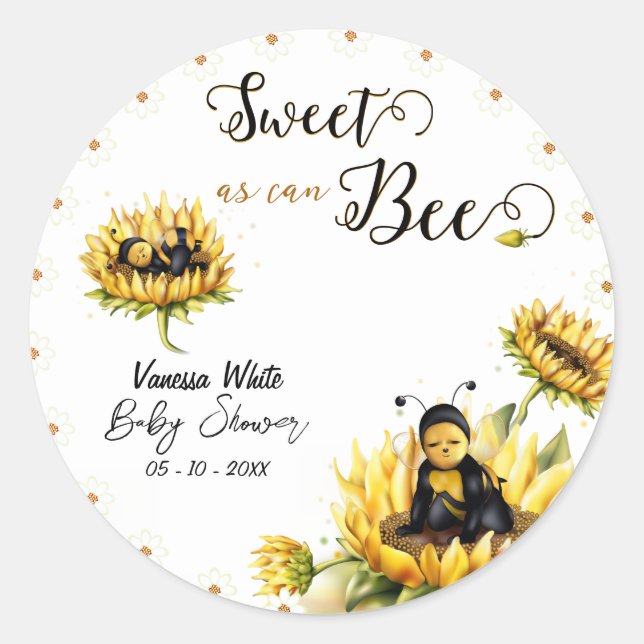 Sunflower Bee Floral Baby Shower Classic Round Sticker (Front)