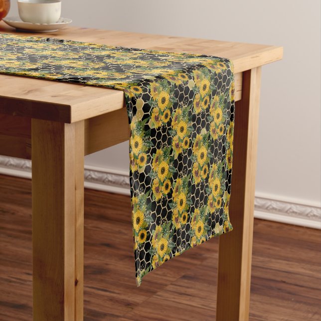 Sunflower Bee Hive Honeycomb Golden Short Table Runner (In Situ)