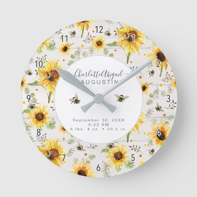 Sunflower Bee Rustic Wood Yellow Birth Stats Baby  Round Clock (Front)
