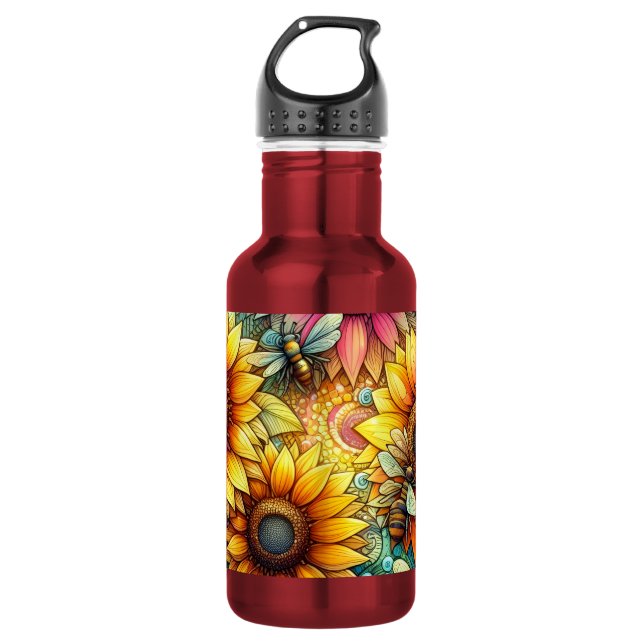 Sunflower bees bloom, Boho Garden 532 Ml Water Bottle (Front)