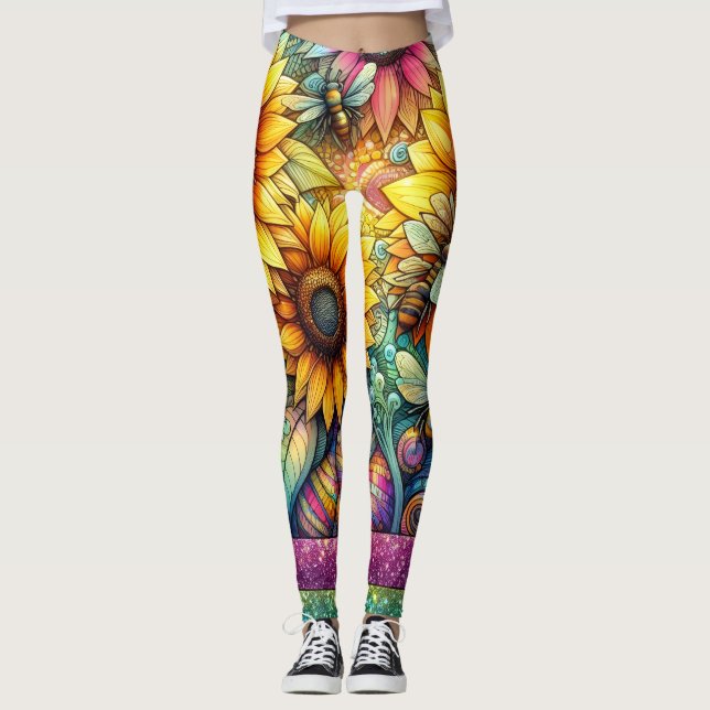 Sunflower bees bloom, Boho Garden Leggings (Front)