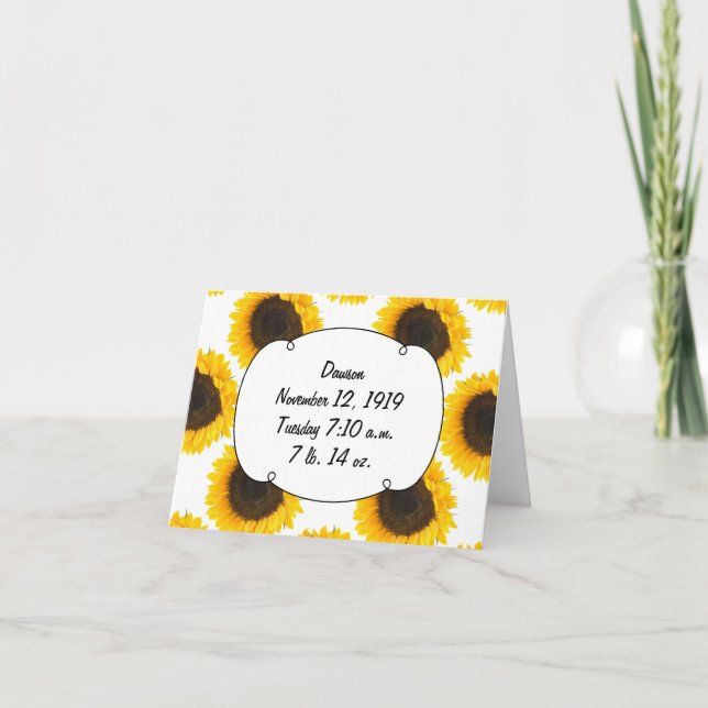 Sunflower Birth Stats Birth Record Thank you Card (Front)