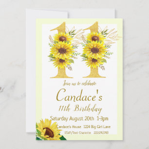 Sunflower Birthday Invitation, 11th Birthday  Invitation