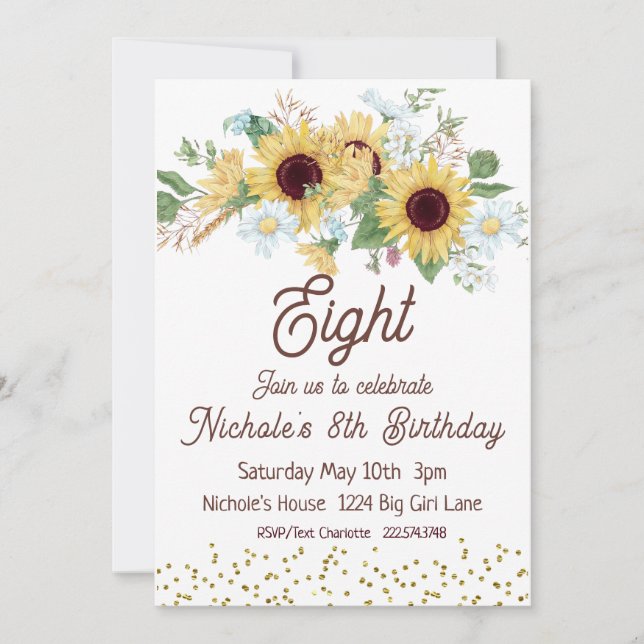 Sunflower Birthday Invitation, 8th Birthday Invitation (Front)