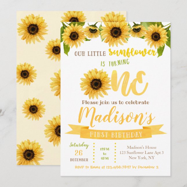 Sunflower Birthday Party Invitations (Front/Back)