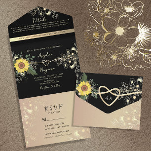 Sunflower Black and Gold Wedding All In One Invitation
