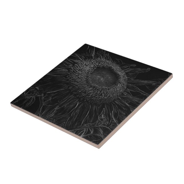 Sunflower Black And White Modern Art Sketch Design Tile (Side)