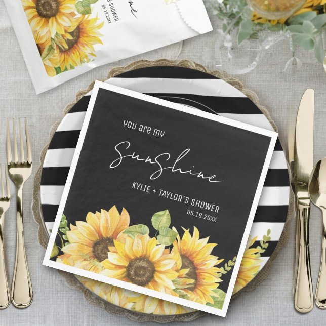 Sunflower Black and White Names Wedding Shower Napkin (Creator Uploaded)