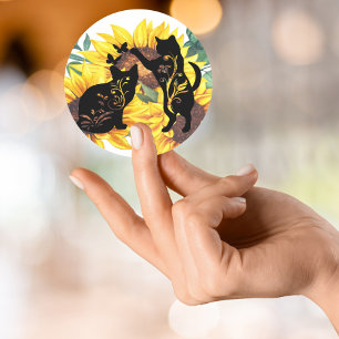 Sunflower Black Cats Watercolor Floral Classic Round Sticker