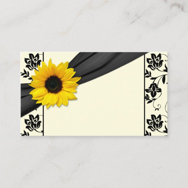 Sunflower Black Cream Floral Wedding Place Cards (Front)
