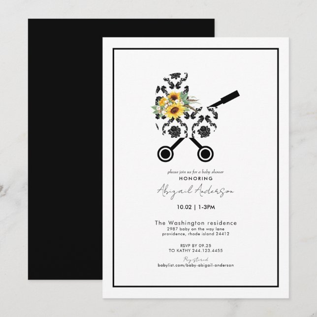 Sunflower & Black Damask Pram Baby Shower   Invitation (Front/Back)