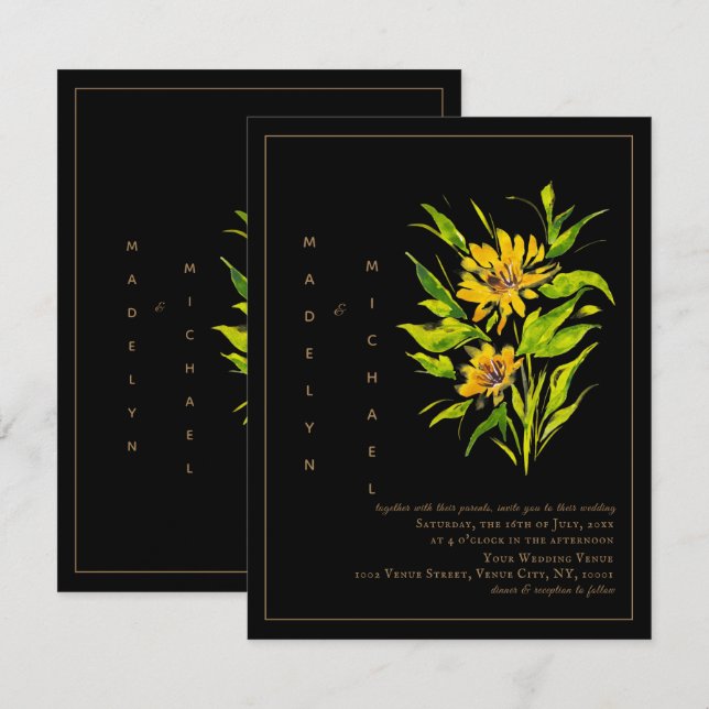Sunflower Black Gold Script Faire-part de mariage (Devant / Derrière)