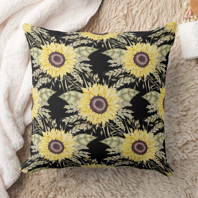 Sunflower Black Throw Pillow (Blanket)
