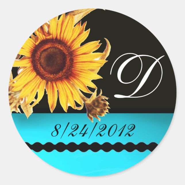 SUNFLOWER BLACK WHITE AQUA BLUE TEAL MONOGRAM CLASSIC ROUND STICKER (Front)