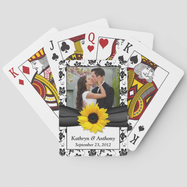 Sunflower Black White Damask Wedding Playing Cards (Back)